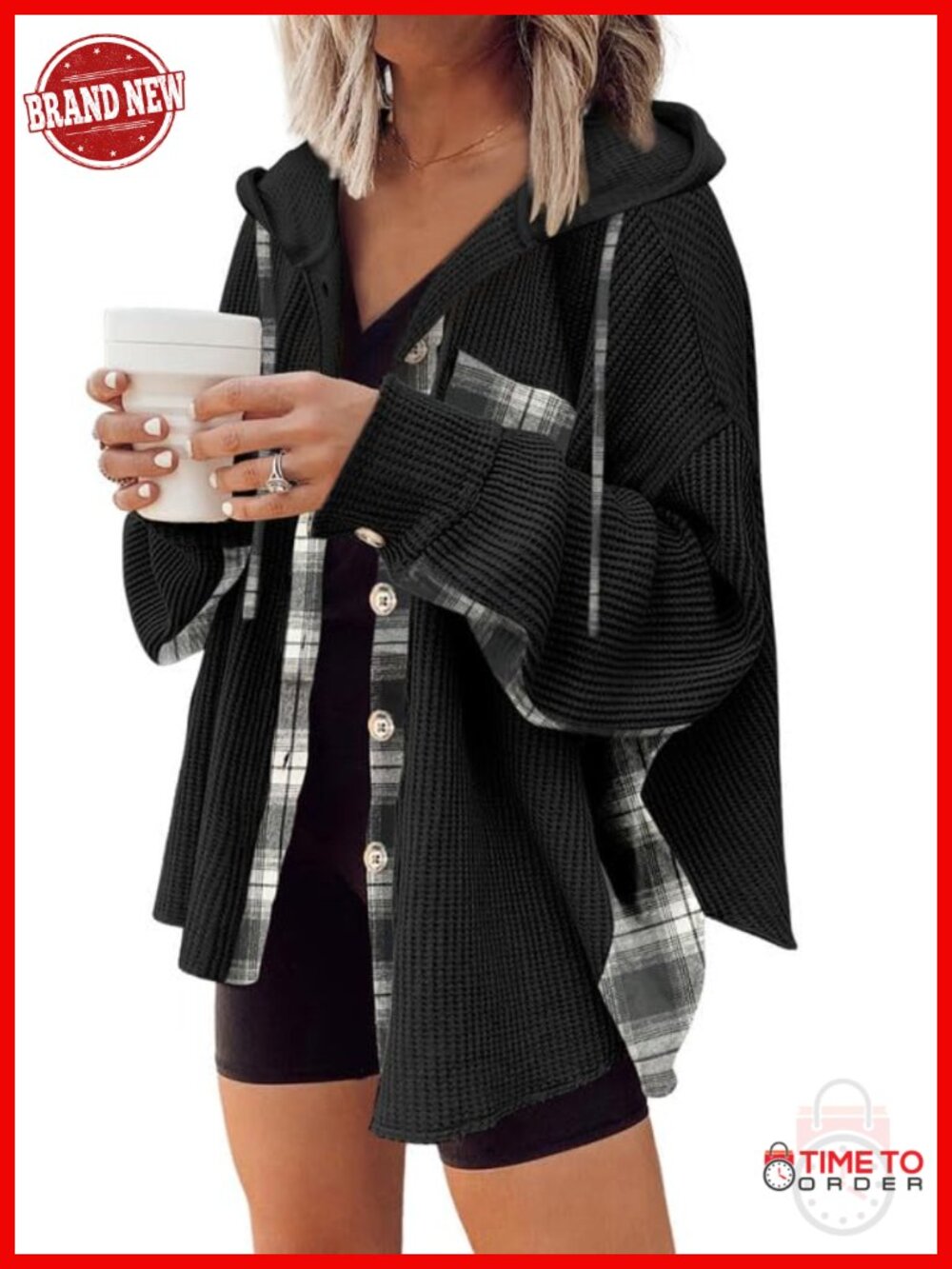 Waffle Knit Plaid Shacket Boyfriend Button Down Hooded Jacket Loose Long Sleeve